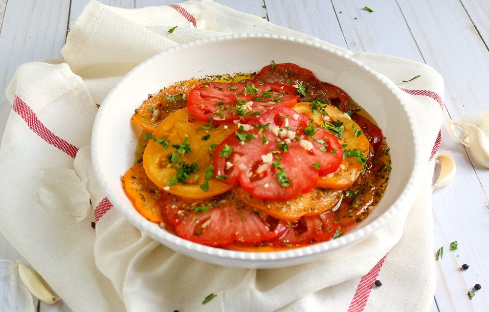 tomato viniagrette dish on dishcloth
