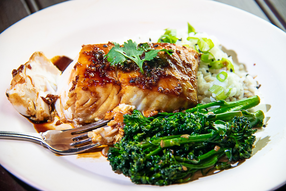 halibut baked with Asian sauce on plate