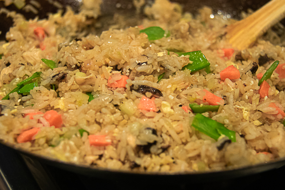 Hibachi Chicken Fried Rice in a wok.