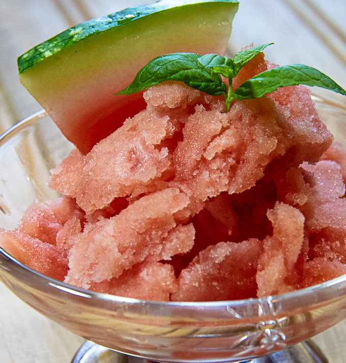 easy watermelon sorbet in a glass bowl