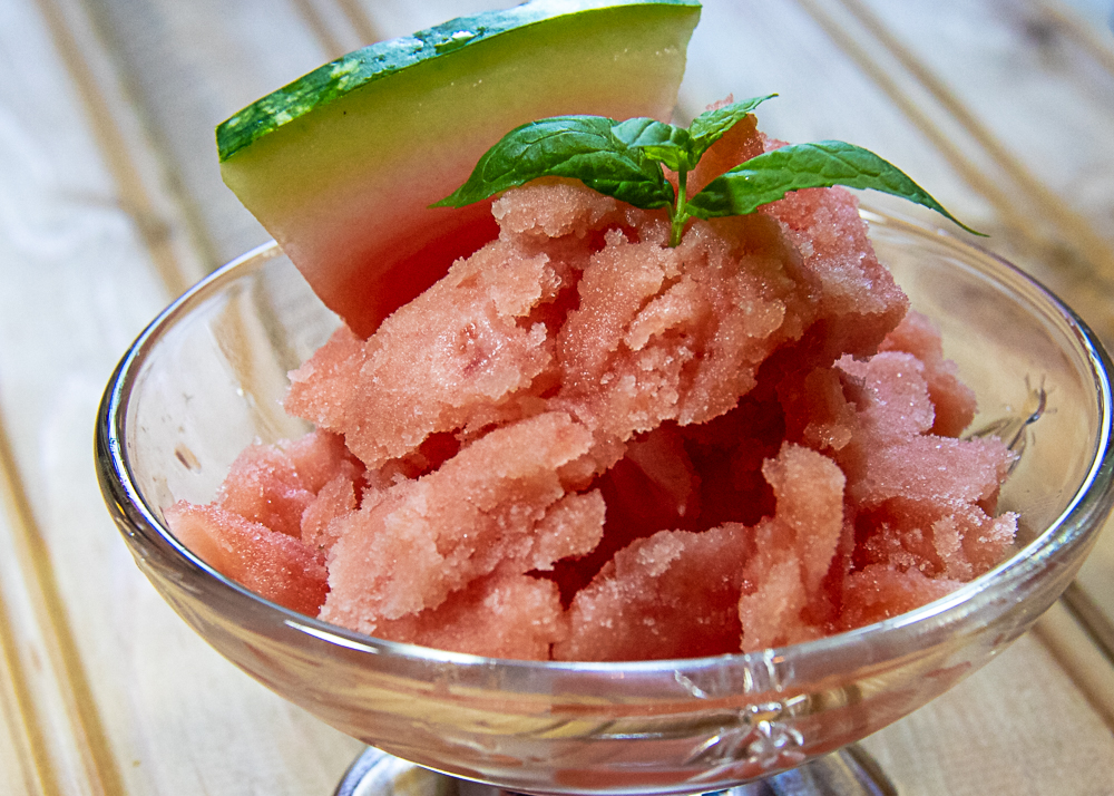easy watermelon sorbet in a glass bowl