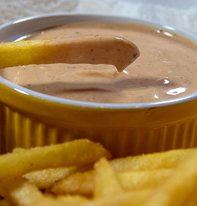 zesty fry sauce in bowl with french fry