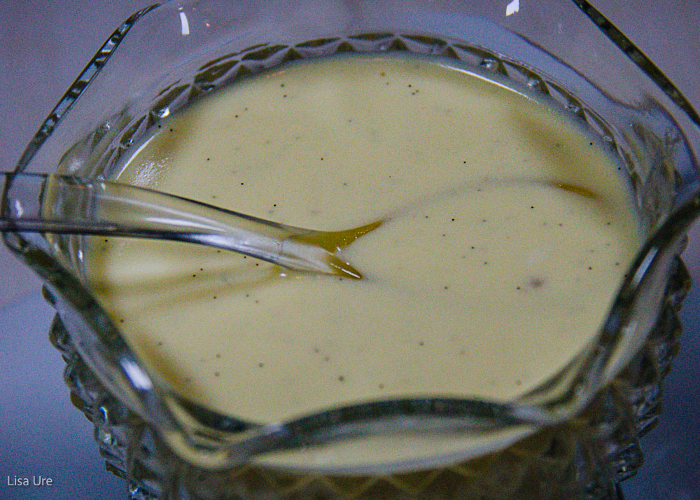 creme anglaise in glass dish