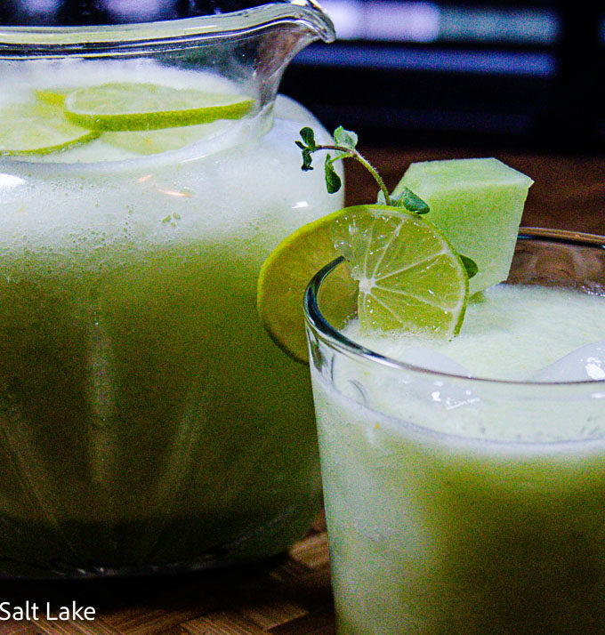 cucumber honeydew agua fresca in glass with ice
