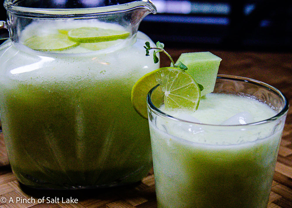 cucumber honeydew agua fresca in glass with ice