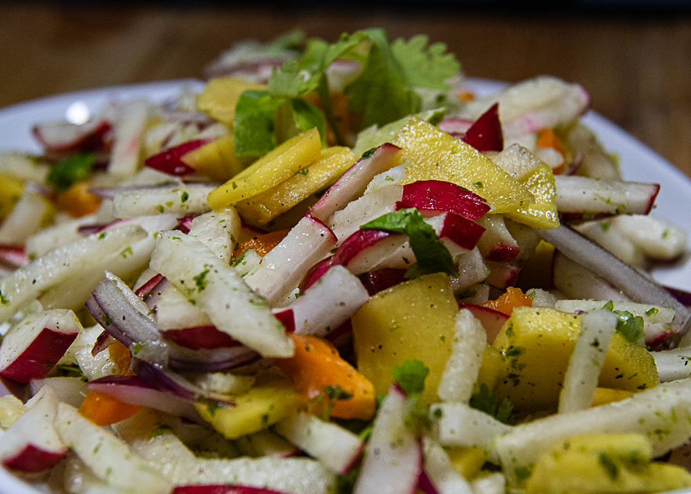 closeup of mango jicama salad