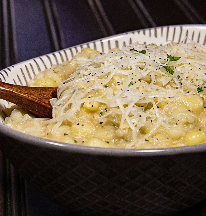 fresh corn risotto in bowl