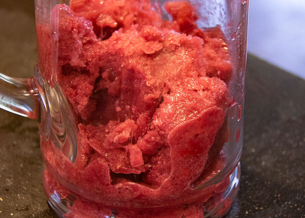 slightly thawed berry slush base in a pitcher