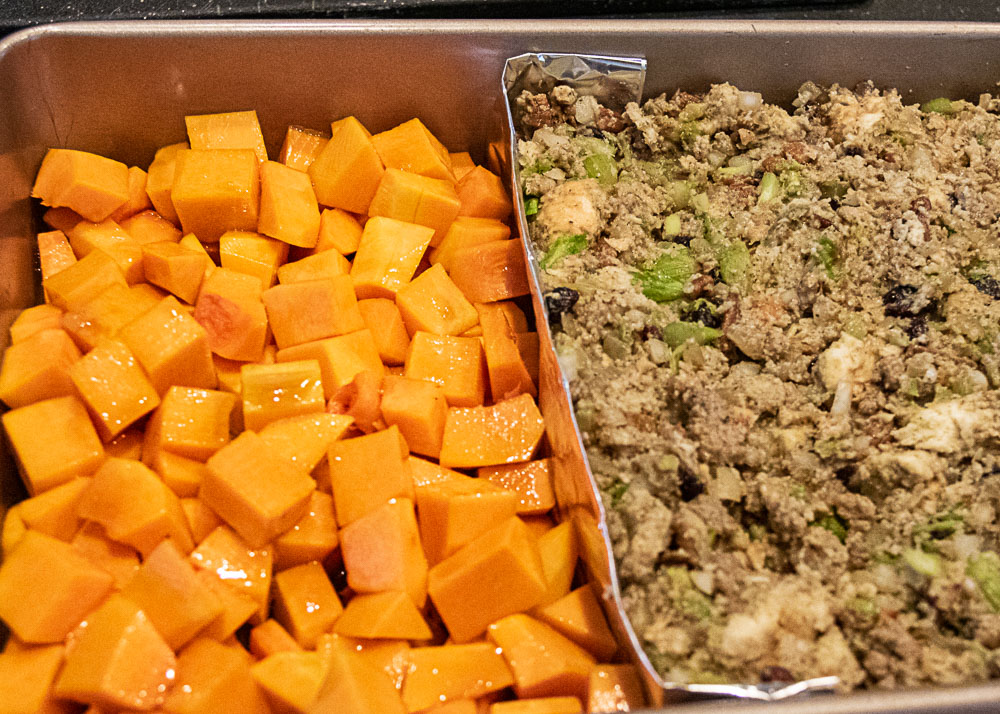 butternut squash and sausage dressing in 9 x 13 pan
